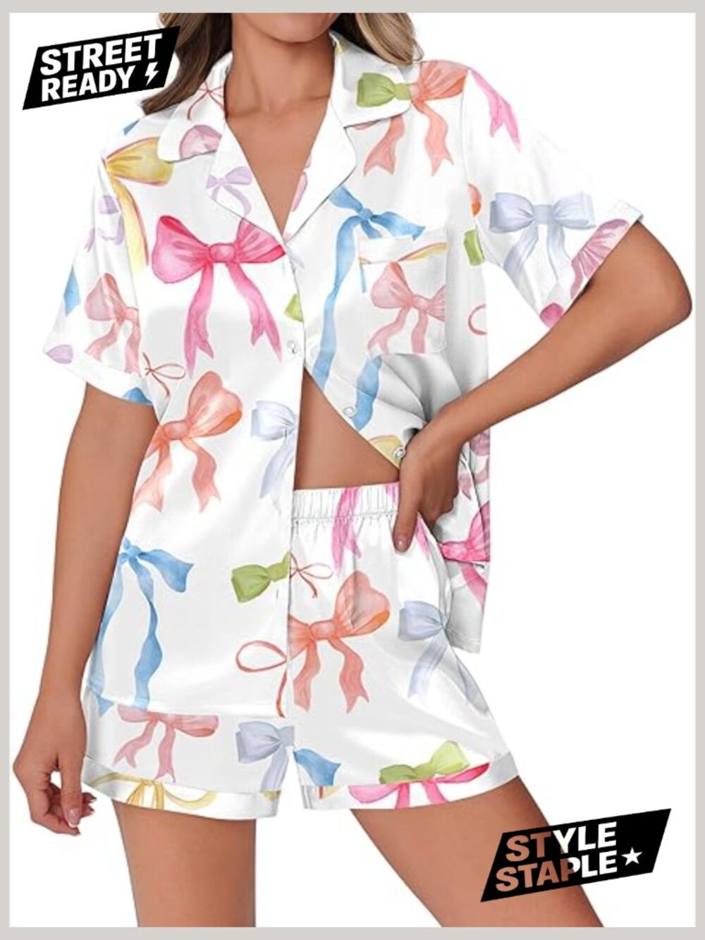 Silk Satin Pajama Set - Animal Print Pjs Button Down Short Sleeve Lounge Set 2